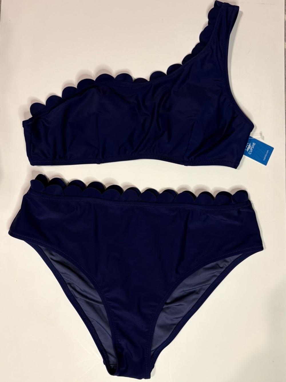 Cupshe Women's Large Dark Blue 2-Piece Swimsuit High Cut Bikini Padded Bra Top
